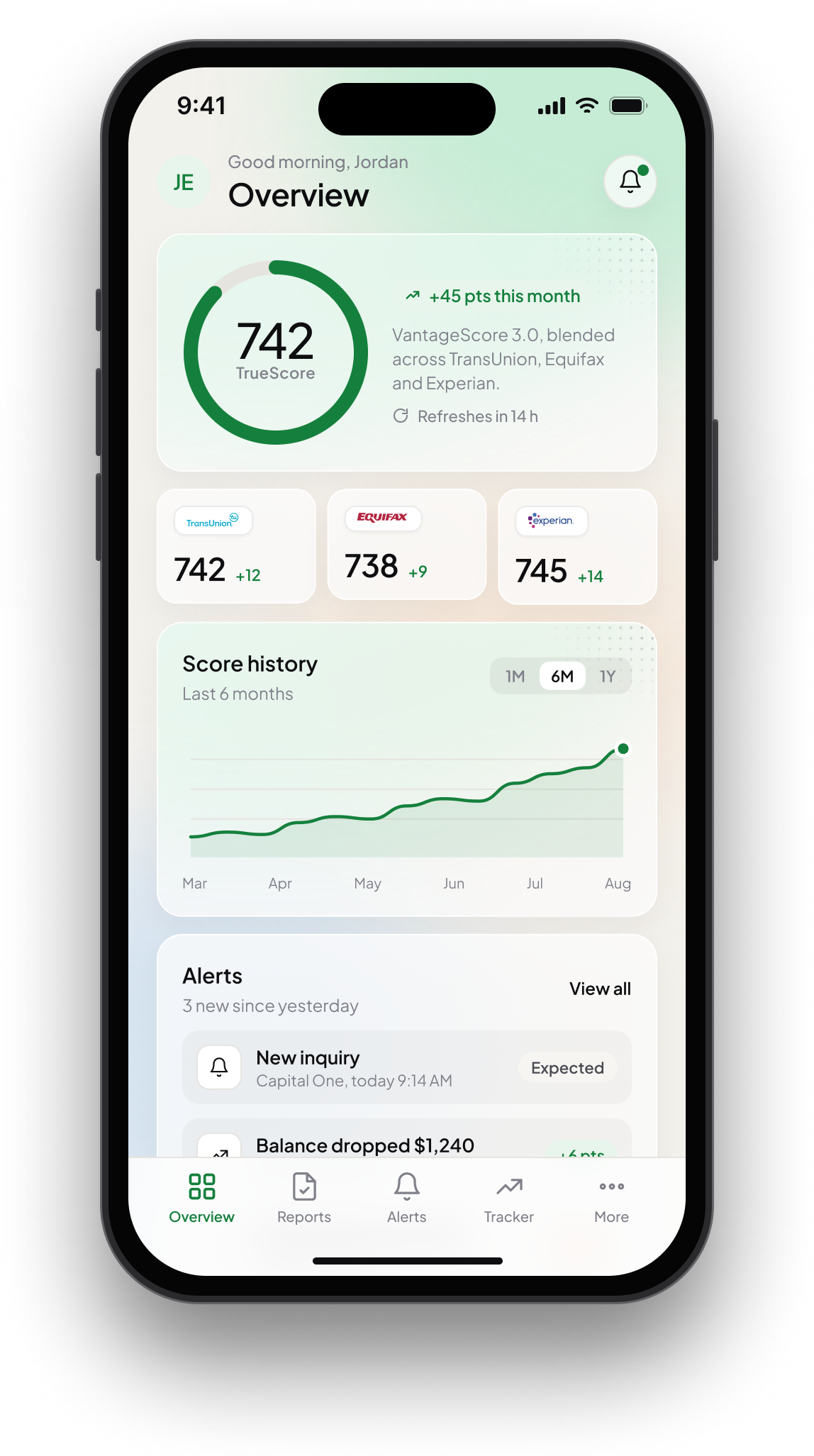 The TrueScore app on an iPhone, showing a score of 742 and the three bureau scores